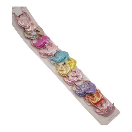 Assorted Girls Iridescent Crown Hair Elastics .
Available in assorted pastel colours.
Pack of 10 pairs assorted on a strip for easy sale.