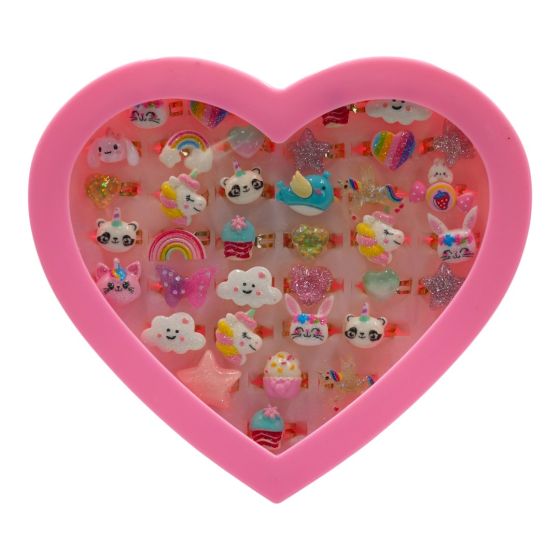 Gold colour plated, childrens size adjustable, acrylic rings In assorted designs and colours.
Presented in a heart shaped acrylic display box.
Box of 36 rings.