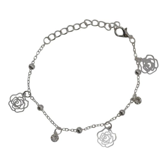 Rhodium colour plated flower charm design bracelet with genuine Clear crystal stones.
Measuring approx. 6.75 inches plus a 2 inch extension chain.
Presented on a display card in a clear opp bag.
Pack of 3.