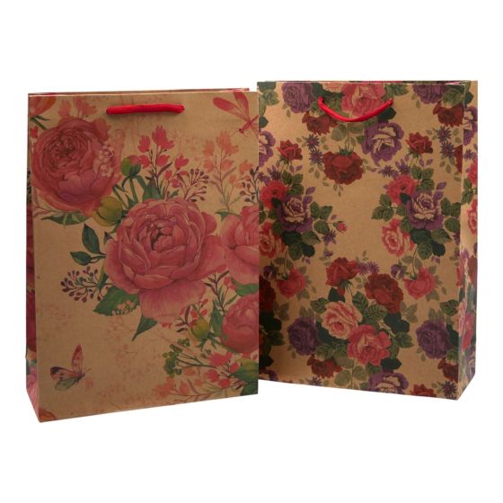 Large Brown paper gift bags with a floral print design and cord handles.
In 3 assorted designs.
Discounts available in quantity.
Measuring approx. 33cm x 24cm x 8cm.
Pack of 12.