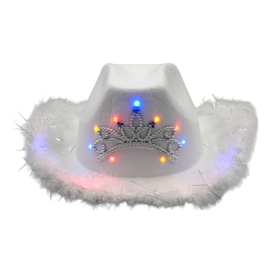 Tiara and Feather Trim Cowboy Hat with Lightup LED Lights.
Internal circumference approx.17.5cm x 20cm.
Hat measuring approx. 39cm x 33cm x 14cm.
One Size.
Pack of 3.