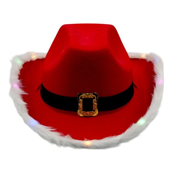 Adult Santa Claus Xmas Hat Christmas Cowboy Hat with Lightup LED Lights and feather trim.
Internal circumference approx.17.5cm x 20cm.
Hat measuring approx. 39cm x 33cm x 14cm.
One Size.
Pack of 3.