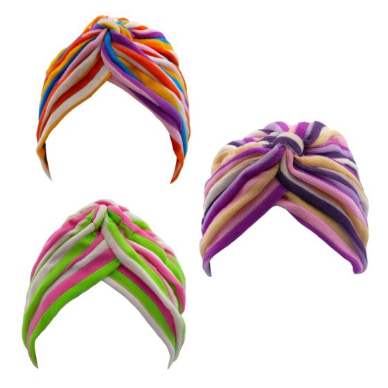 Ladies striped fashion turbans.
Available in a choice of colours.
All one size.
Sold as Pack of 3.