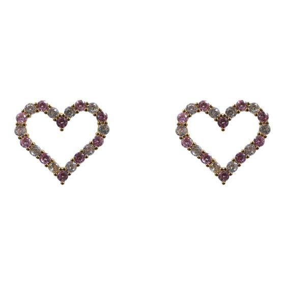 Gold colour plated heart design pierced stud earrings with genuine Clear and Rose crystal stones.
With hypoallergenic backs.
