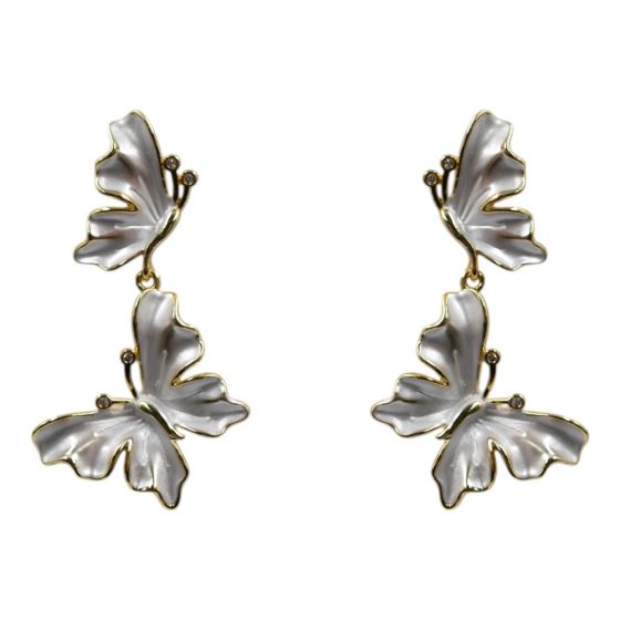 Gold colour plated butterfly design pierced drop earrings with genuine Clear crystal stones and coloured enamelling.
With hypoallergenic backs.
