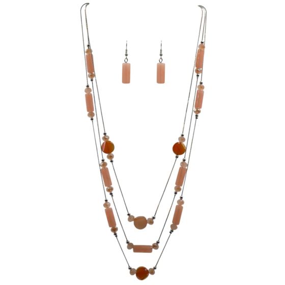 Rhodium colour plated, 3 tier necklace and pierced drop earring set.
Necklace is decorated with acrylic beads and faceted crystal beads.
Necklace measures approx. 33 inches long, plus a 2 inch extension chain.
Drop Earrings measure apprx. 4cm long.
Pr