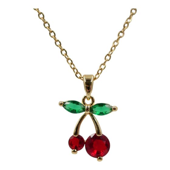 Gold colour plated, cherry design pendant with genuine Emerald and Siam crystal stones.
