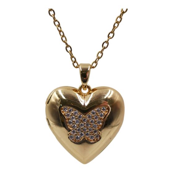 Gold colour plated butterfly, love heart design locket with genuine Clear crystal stones.
