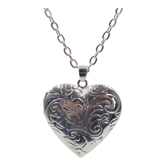 Rhodium colour plated love heart design locket with a floral pattern.
