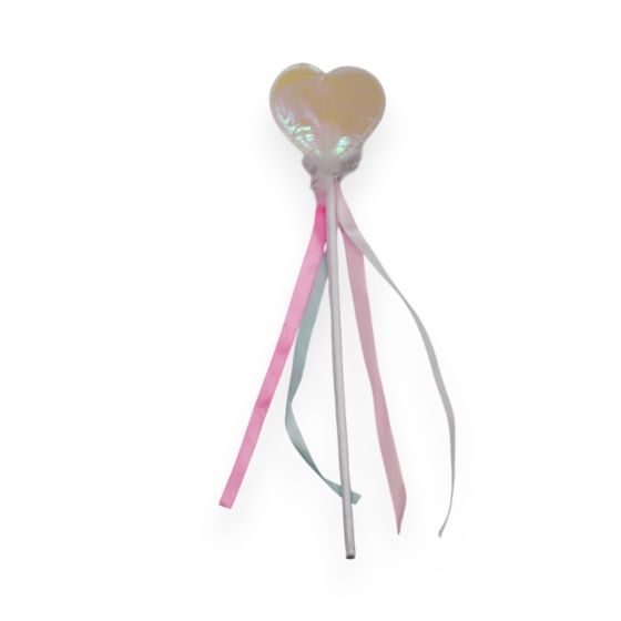 Girls iridescent heart wand decorated with Pink, Baby Pink, Baby Blue and White satin ribbon, feathers and tinsel.
Measuring approx. 35cm in length.
Pack of 12.