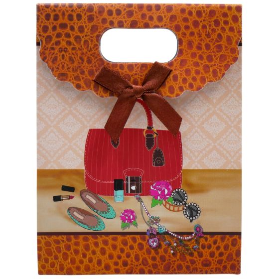 Fashion design gift bags with a satin bow and velcro fastening.

