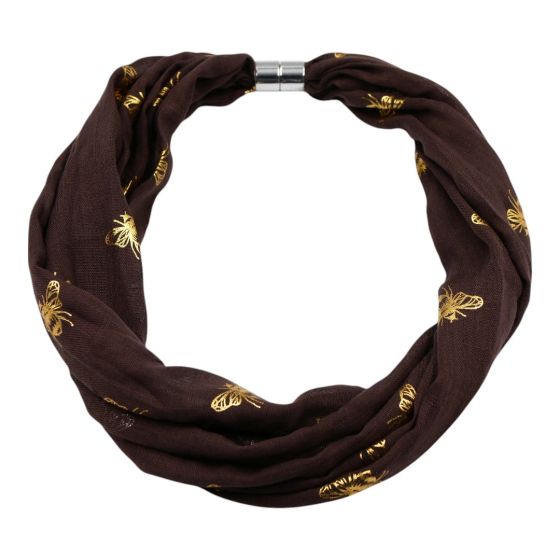 Soft cotton feel, Gold colour foil, bee design print loop scarves with a magnetic fastening.
