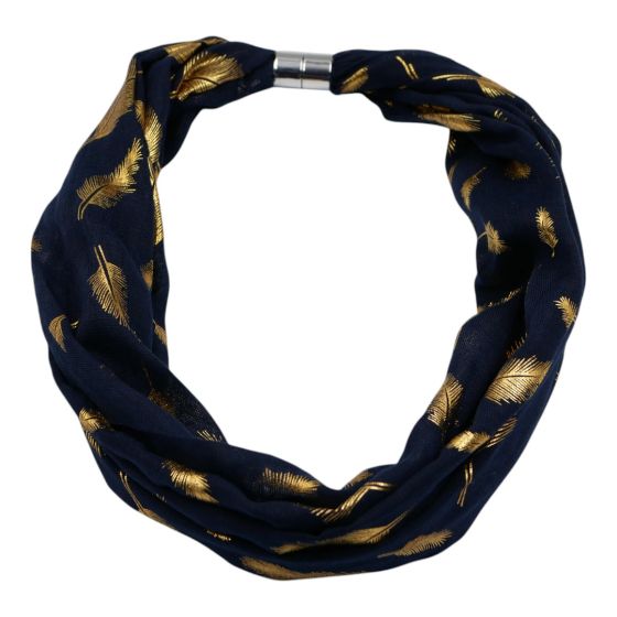 Soft cotton feel, Gold colour foil, feather design print loop scarves with a magnetic fastening.

