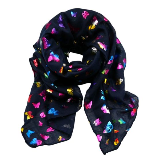 Cotton Feel Maxi Scarf With Foil Butterfly Print Design.
Measuring approx. 70x170cm
Pack of 3.