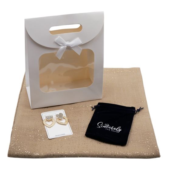 Ladies complete gift set includes a Beige/Gold colour foil speckle scarf, Gold colour plated pierced heart design drop earrings with genuine Clear crystal stones, a Navy velvet drawstring gift pouch and a White card gift bag with a clear window and a velc