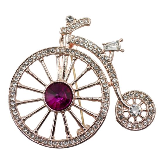 Venetti collection, Rose Gold colour plated penny farthing design brooch with genuine Clear and Fuchsia crystal stones.
