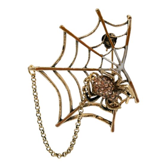 Venetti collection, Oxidised Gold colour plated spider and web design brooch with Brown and White enamelling and genuine Topaz crystal stones.
