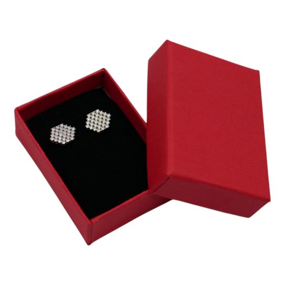 Red, card earrings box with a Black flock coated inner foam.
Outer edge of box measuring approx  4.5cm x 6cm x 2cm.
**Jewellery is not included**