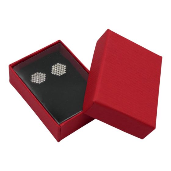 Red, card earrings box with a Black flock coated inner foam and clear acetate insert.
Outer edge of box measuring approx  4.5cm x 6cm x 2cm.
**Jewellery is not included**