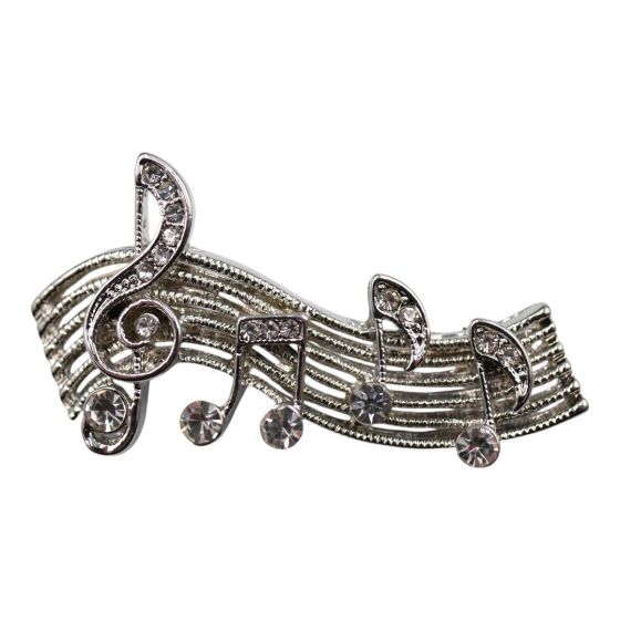 Venetti collection, Rhodium colour plated musical notes brooch with genuine Clear crystal stones.
