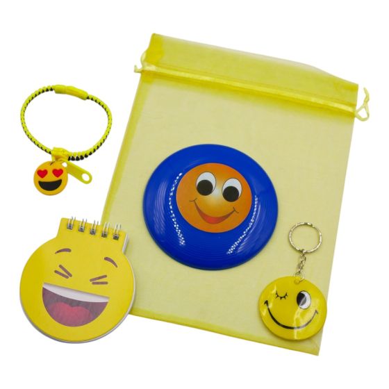 Smile lucky bags, with smile face themed items. Bag includes, a smile keyring,  a frisbee, a bracelet  and notepad. Colours and designs may vary in each bag.
Pack of 12 bags.
*Ideal as party bags, and birthday gifts.

Please note: items may vary from 