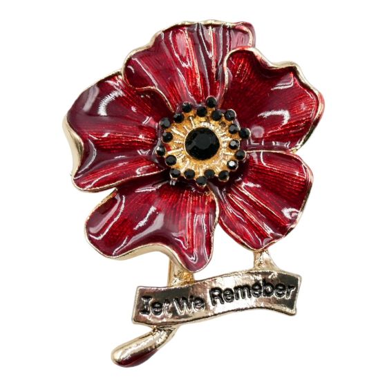 Venetti collection, Gold or Rhodium colour plated poppy design brooch with Red enamelling and genuine Jet crystal stones.

