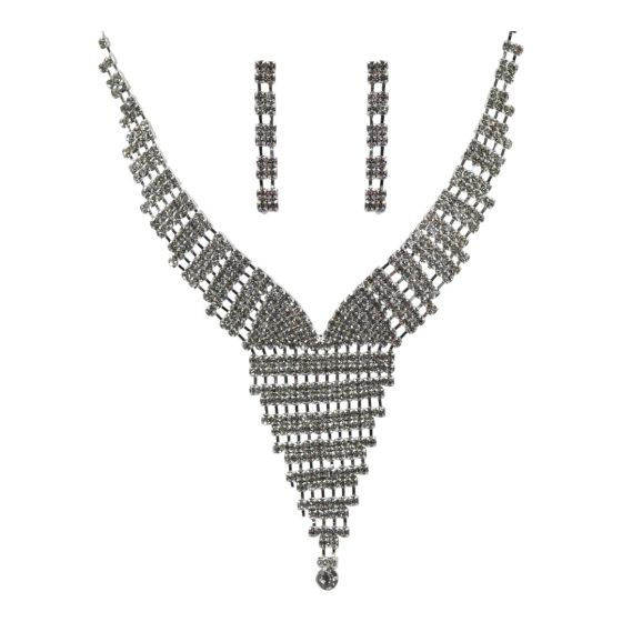 Rhodium colour plated necklace and pierced drop earrings set with genuine Clear crystal stones.

