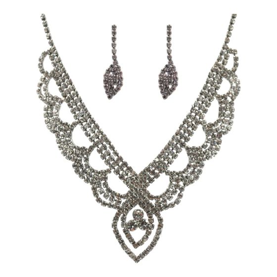 Rhodium colour plated necklace and pierced drop earrings set with genuine Clear crystal stones.
