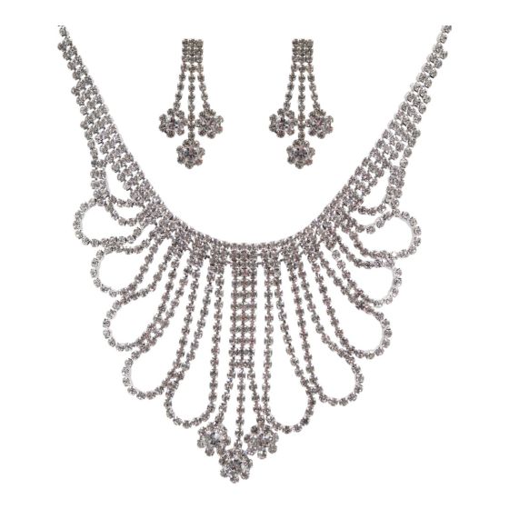 Rhodium colour plated necklace and pierced drop earrings set with genuine Clear crystal stones.
