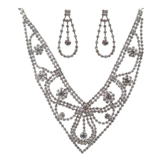 Rhodium colour plated necklace and pierced drop earrings set with genuine Clear crystal stones.
