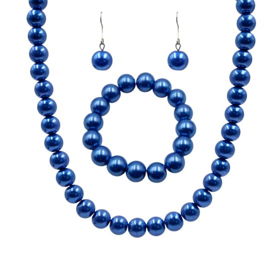 Venetti collection, Blue glass pearl necklace, elasticated bracelet and pierced stud earrings set.
