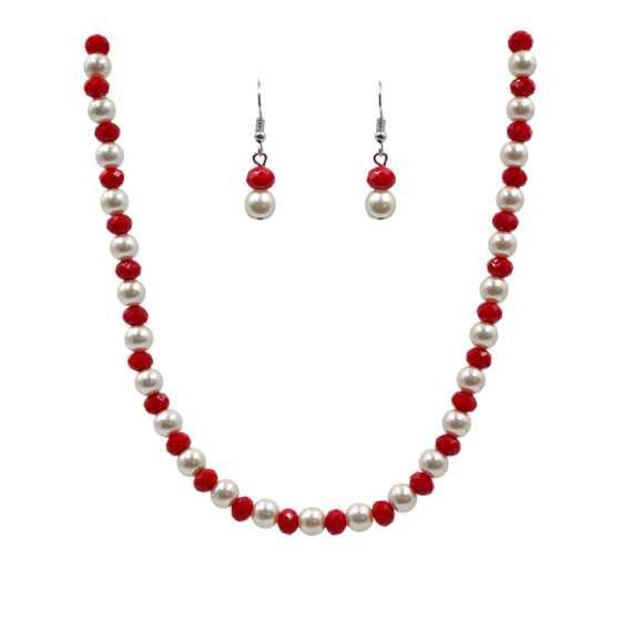 Venetti collection, Rhodium colour plated necklace and pierced drop earring set with pearl and faceted glass beads.
