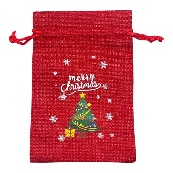 Christmas hessian drawstring pouches .

Available in red with christmas tree design.

Discount available in quantity .

See link below for a similar product .

Size approx usable space 12 X 10 cm ,total size 15 x 10 cm.