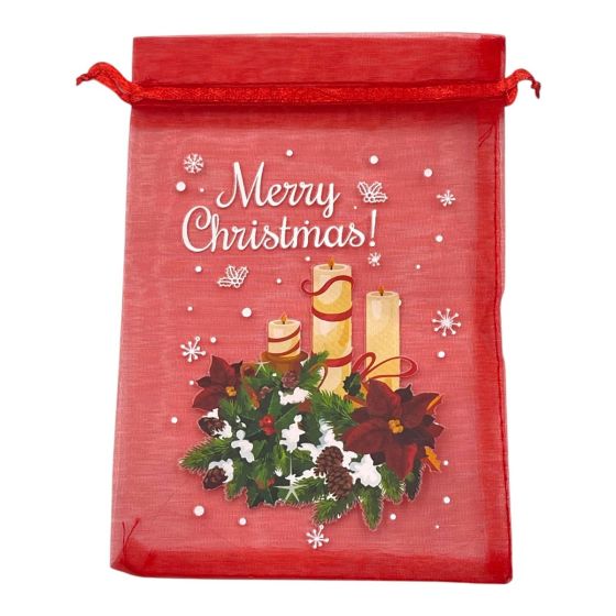 Christmas  organza drawstring pouches .

Available in  red with a Christmas candle  design.

Comes 12 pcs in a pack .

Minimum purchase is 3 packs .

Discount available in quantity .

See link below for other designs in this  product .

Size a