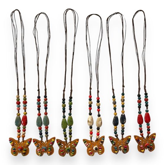 Ladies  wooden butterfly  necklace with ceramic beads .

Easy to put on as goes over the head .

Availabe in Cream Multi ,Navy Multi. Olive Multi ,Turquoise Multi ,Rust Multi and Multi .

Sold as a pack of 3 per colour or 6 asorted .

Length  appr