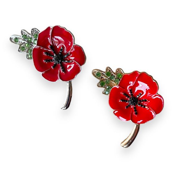 Venetti collection,  poppy brooch, decorated with red enamelling and genuine Green and Jet crystal stones.

Available in Gold colour plating or rhodium Colour plating .

Sold as a pack of 3 per colour or 4 assorted .

Measuring approx 6cm x 4cm.Pack