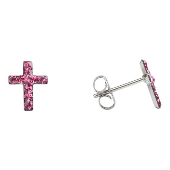 Studex stainless steel, sensitive October birthstone cross stud earrings with Rose crystal stones.
Sensitive range are hypo-allergenic and ideal for sensitive ears.
