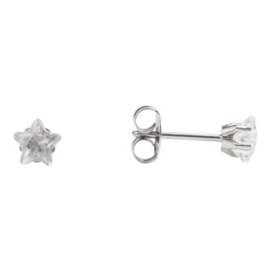 Studex stainless steel, sensitive stud earrings with star cut Clear cubic zirconia stones.
Sensitive range are hypo-allergenic and ideal for sensitive ears.
Measuring 5mm x 5mm.
