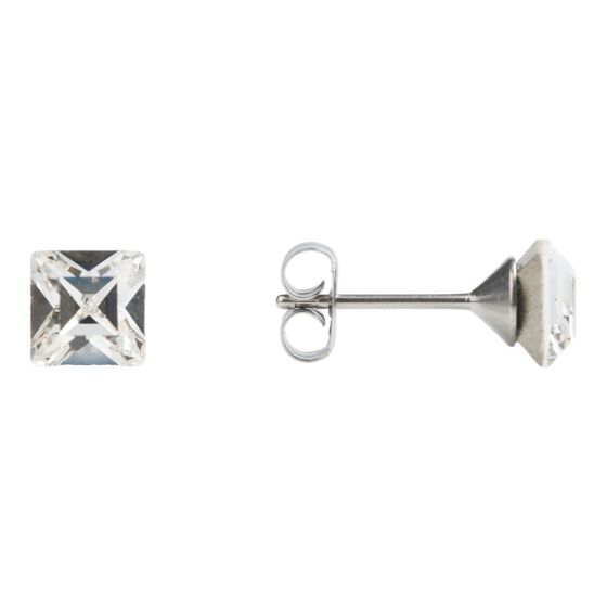 Studex stainless steel, sensitive stud earrings with square crystal stones.
Sensitive range are hypo-allergenic and ideal for sensitive ears.
Measuring 6mm x 6mm.
