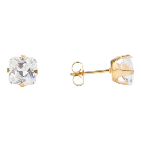 Studex Gold plated stainless steel, sensitive stud earrings with Princess cut Clear cubic zirconia stones.
Sensitive range are hypo-allergenic and ideal for sensitive ears.
Measuring 7mm x 7mm.
