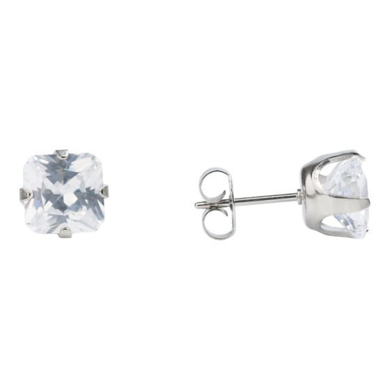 Studex stainless steel, sensitive stud earrings with Princess cut Clear cubic zirconia stones.
Sensitive range are hypo-allergenic and ideal for sensitive ears.
Measuring 7mm x 7mm.
