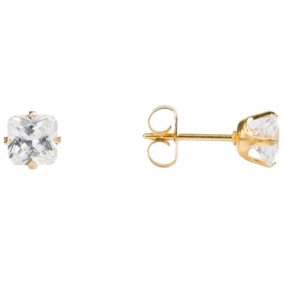 Studex Gold plated stainless steel, sensitive stud earrings with Princess cut Clear cubic zirconia stones.
Sensitive range are hypo-allergenic and ideal for sensitive ears.
Measuring 5mm x 5mm.
