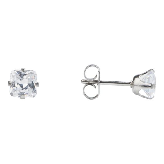 Studex stainless steel, sensitive stud earrings with Princess cut Clear cubic zirconia stones.
Sensitive range are hypo-allergenic and ideal for sensitive ears.
Measuring 5mm x 5mm.
