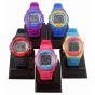 Display box containing 10 individually boxed children's Polit sports strap watches.
In assorted colours. .
Features 12 or 24 hour format, hour minute second and day date display, hourly alarm, EL backlight, and stopwatch