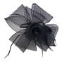 Ladies mesh flower fascinator decorated with feathers.
Comes with a detachable satin covered headband and a Rhodium colour plated concord clip.
