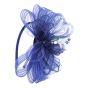 Mesh fascinator on a satin covered alice band, decorated with fabric petals and faceted glass beads.