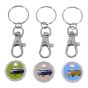 Rhodium colour plated campervan design trolley coin keyrings.
