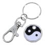 Rhodium colour plated Yin Yang design trolley coin keyrings with Black and White enamelling.
