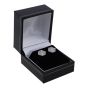 Black leatherette card earring box, decorated with a Gold colour trim, Black velvet and White Satin interior.

