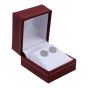 Burgundy leatherette card earring box, decorated with a Gold colour trim, White velvet and White Satin interior.
